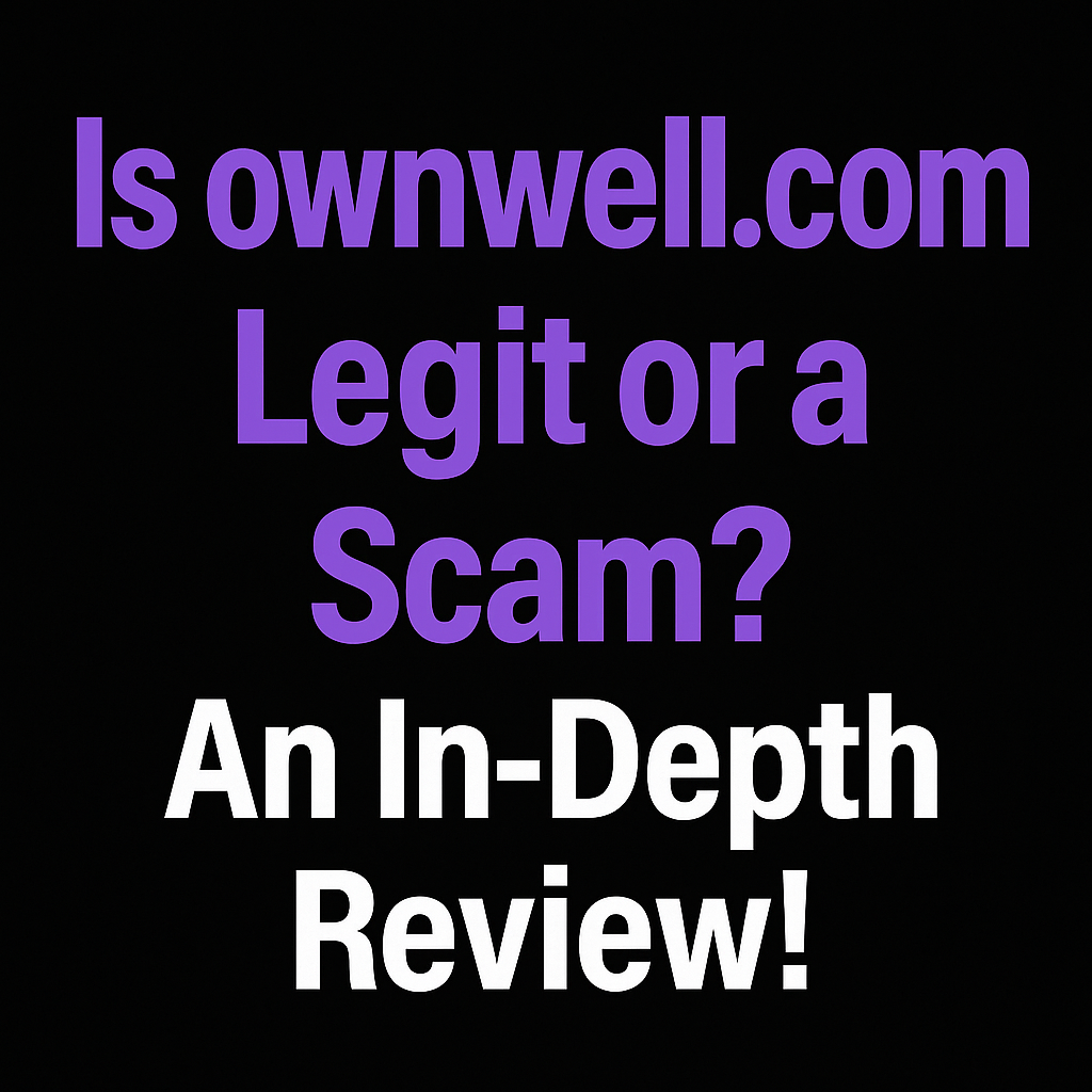 Text-based featured image with "Is ownwell.com Legit or a Scam? An In-Depth Review!" in purple and white on a black background.